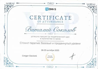 Сертификат Соколова В. С.: Курс Сплинт-терапия: базовый и продвинутый уровни, лектор Gregor Slavicek